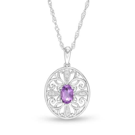 Amethyst and 0.04 CT. T.W. Diamond Filigree Cross Oval Pendant in Sterling Silver