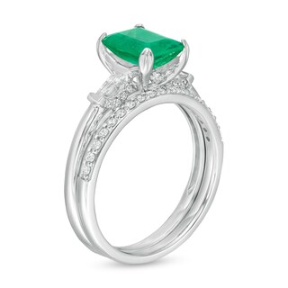 Emerald-Cut Emerald and 0.32 CT. T.W. Diamond Collar Bridal Set in 14K White Gold