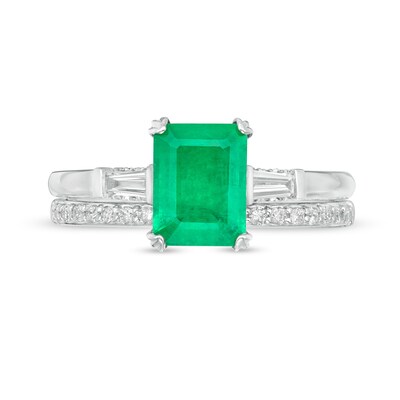 Emerald-Cut Emerald and 0.32 CT. T.W. Diamond Collar Bridal Set in 14K White Gold