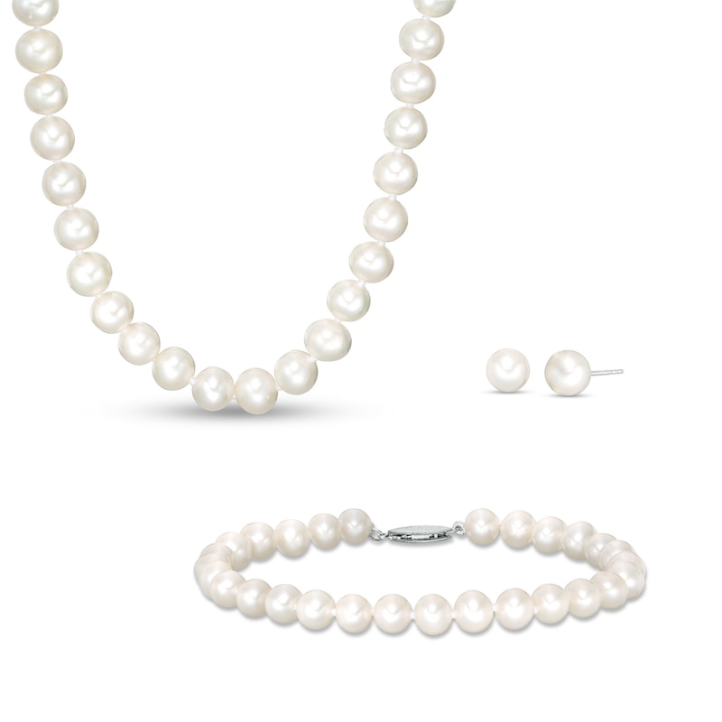 6.0-7.0mm Freshwater Cultured Pearl Stud Earrings, Strand Necklace and Bracelet Set with Sterling Silver Clasp|Peoples Jewellers
