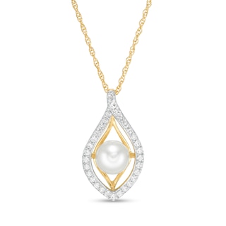 5.0-5.5mm Freshwater Cultured Pearl and White Topaz Double Teardrop Pendant in 10K Gold