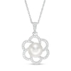 8.5-9.0mm Button Freshwater Cultured Pearl and Lab-Created White Sapphire Flower Drop Pendant in Sterling Silver