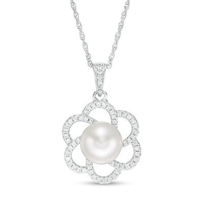 8.5-9.0mm Button Freshwater Cultured Pearl and Lab-Created White Sapphire Flower Drop Pendant in Sterling Silver