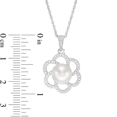 8.5-9.0mm Button Freshwater Cultured Pearl and Lab-Created White Sapphire Flower Drop Pendant in Sterling Silver