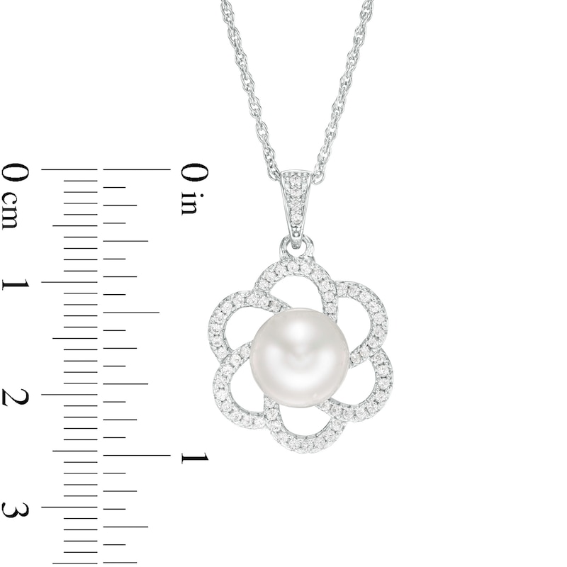 8.5-9.0mm Button Freshwater Cultured Pearl and Lab-Created White Sapphire Flower Drop Pendant in Sterling Silver|Peoples Jewellers