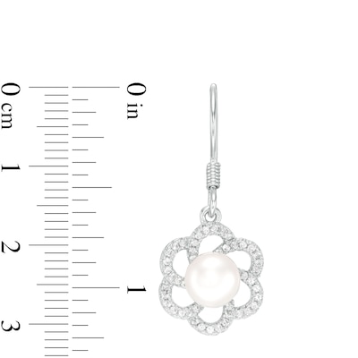 6.5-7.0mm Button Freshwater Cultured Pearl and Lab-Created White Sapphire Flower Drop Earrings in Sterling Silver