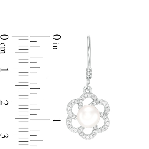 6.5-7.0mm Button Freshwater Cultured Pearl and Lab-Created White Sapphire Flower Drop Earrings in Sterling Silver