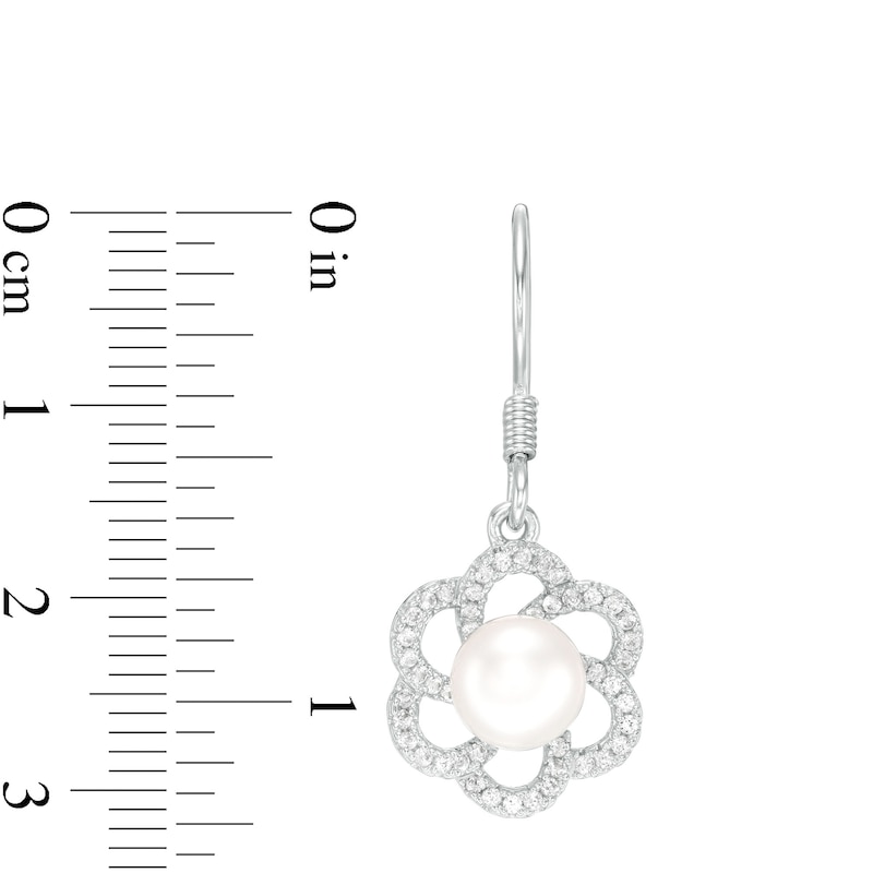 6.5-7.0mm Button Freshwater Cultured Pearl and Lab-Created White Sapphire Flower Drop Earrings in Sterling Silver