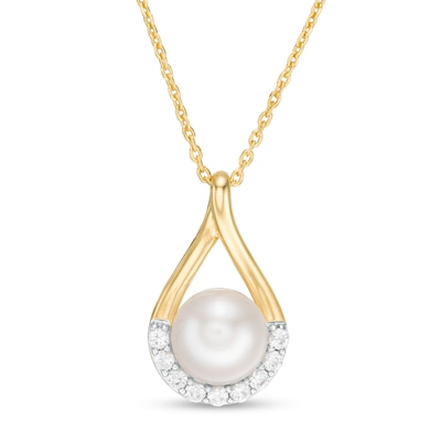 8.0mm Button Freshwater Cultured Pearl and Lab-Created White Sapphire Pendant in Sterling Silver with 14K Gold Plate