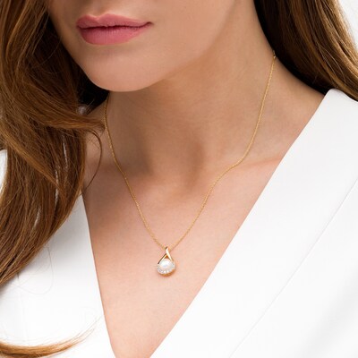 8.0mm Button Freshwater Cultured Pearl and Lab-Created White Sapphire Pendant in Sterling Silver with 14K Gold Plate