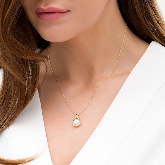 8.0mm Button Freshwater Cultured Pearl and Lab-Created White Sapphire Pendant in Sterling Silver with 14K Gold Plate