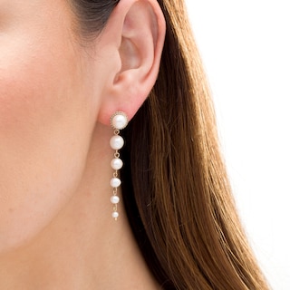 2.5-7.0mm Freshwater Cultured Pearl and Lab-Created White Sapphire Graduated Drop Earrings in 10K Gold