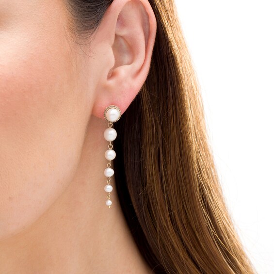 2.5-7.0mm Freshwater Cultured Pearl and Lab-Created White Sapphire Graduated Drop Earrings in 10K Gold