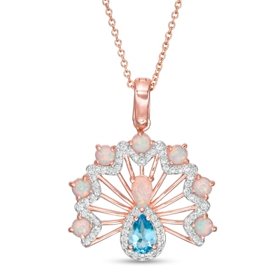 Swiss Blue Topaz, Lab-Created Opal and White Sapphire Peacock Pendant in Sterling Silver with 18K Rose Gold Plate