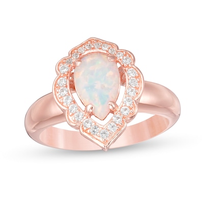 Pear-Shaped Lab-Created Opal and White Sapphire Scallop Frame Ring in Sterling Silver with 18K Rose Gold Plate