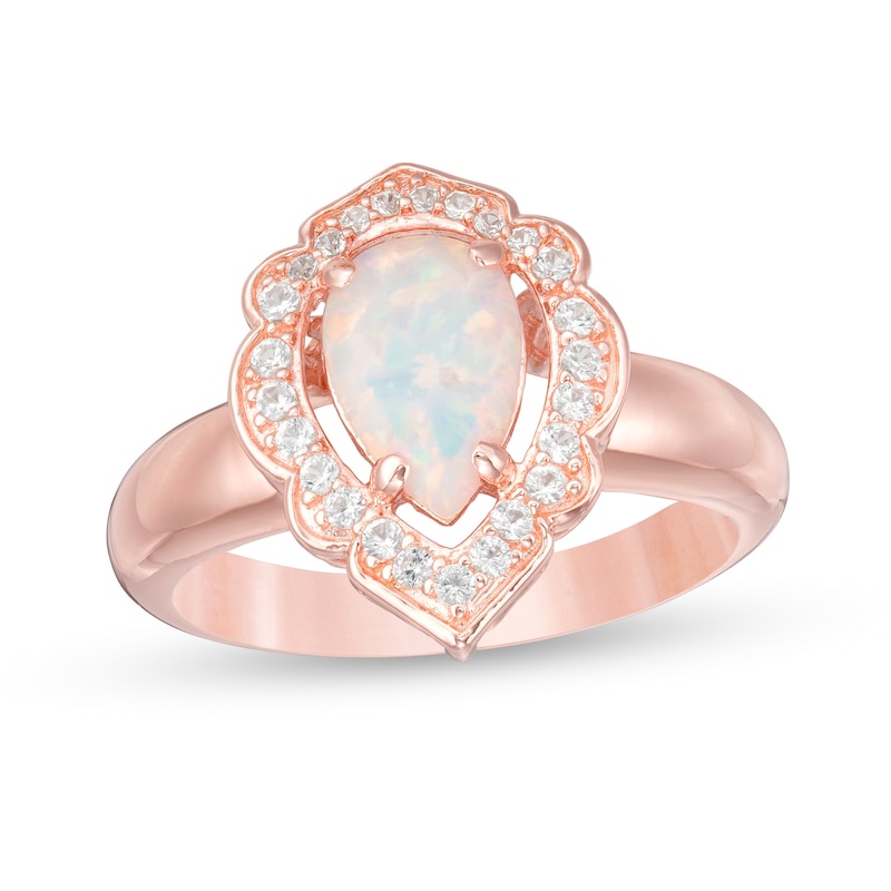 Pear-Shaped Lab-Created Opal and White Sapphire Scallop Frame Ring in Sterling Silver with 18K Rose Gold Plate|Peoples Jewellers