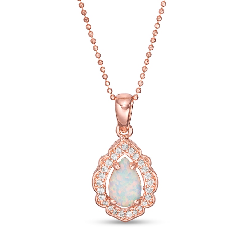 Pear-Shaped Lab-Created Opal and White Sapphire Scallop Frame Pendant in Sterling Silver with 18K Rose Gold Plate|Peoples Jewellers