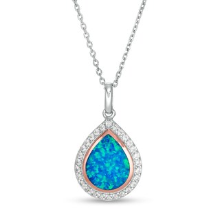 Pear-Shaped Lab-Created Blue Opal and White Sapphire Teardrop Pendant in Sterling Silver and 14K Rose Gold Plate