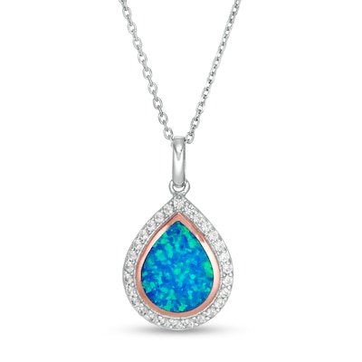 Pear-Shaped Lab-Created Blue Opal and White Sapphire Teardrop Pendant in Sterling Silver and 14K Rose Gold Plate