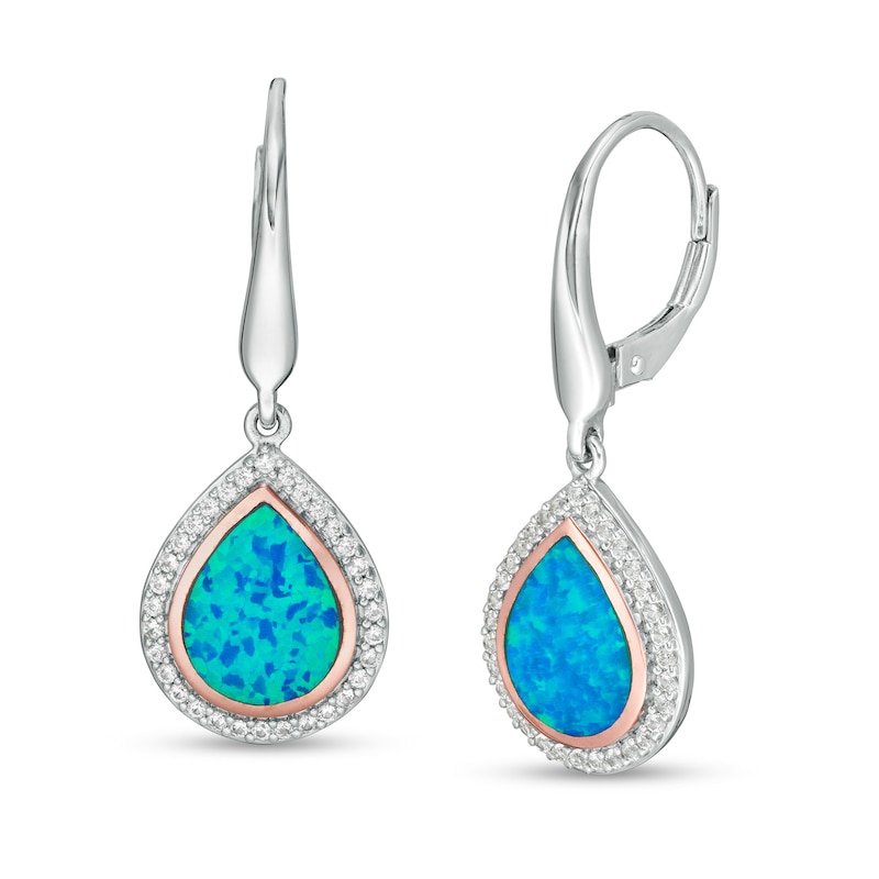 Pear-Shaped Lab-Created Blue Opal and White Sapphire Teardrop Earrings in Sterling Silver with 14K Rose Gold Plate|Peoples Jewellers