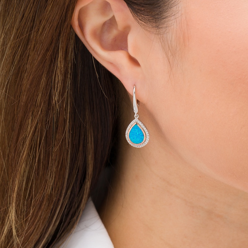 Main Image 2 of Pear-Shaped Lab-Created Blue Opal and White Sapphire Teardrop Earrings in Sterling Silver with 14K Rose Gold Plate