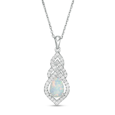 Pear-Shaped Lab-Created Opal and White Sapphire Interwoven Drop Pendant in Sterling Silver