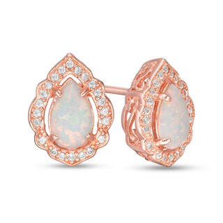 Pear-Shaped Lab-Created Opal and White Sapphire Scallop Frame Stud Earrings in Sterling Silver with 18K Rose Gold Plate