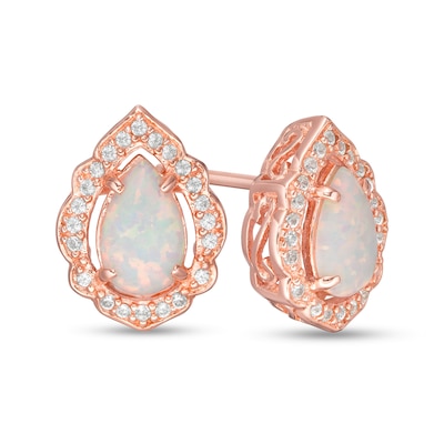 Pear-Shaped Lab-Created Opal and White Sapphire Scallop Frame Stud Earrings in Sterling Silver with 18K Rose Gold Plate