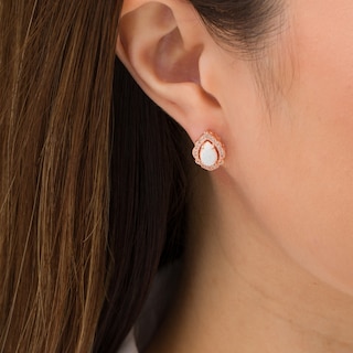 Pear-Shaped Lab-Created Opal and White Sapphire Scallop Frame Stud Earrings in Sterling Silver with 18K Rose Gold Plate