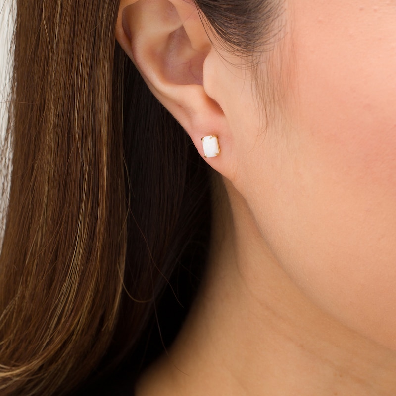 Emerald-Cut Opal Solitaire Stud Earrings in 14K Gold|Peoples Jewellers