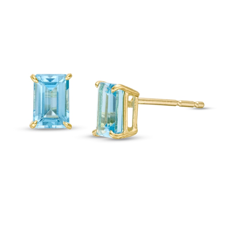 Emerald-Cut Blue Topaz Solitaire Stud Earrings in 14K Gold