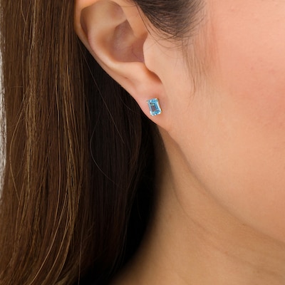 Emerald-Cut Blue Topaz Solitaire Stud Earrings in 14K Gold