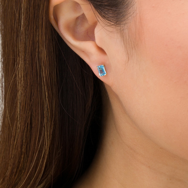 Emerald-Cut Blue Topaz Solitaire Stud Earrings in 14K Gold|Peoples Jewellers