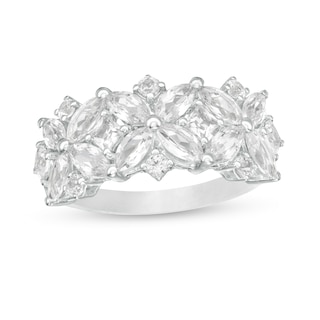 Marquise, Princess-Cut and Round Lab-Created White Sapphire Cluster Floral Ring in Sterling Silver