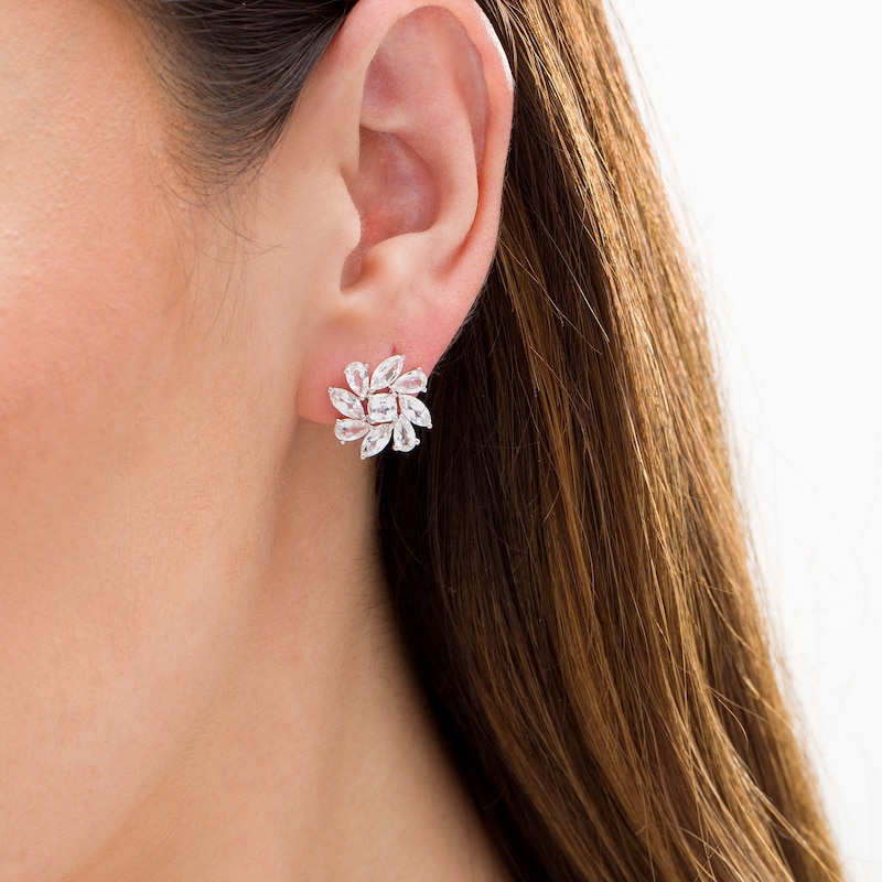 4.0mm Cushion-Cut, Marquise and Pear-Shaped Lab-Created White Sapphire Flower Stud Earrings in Sterling Silver