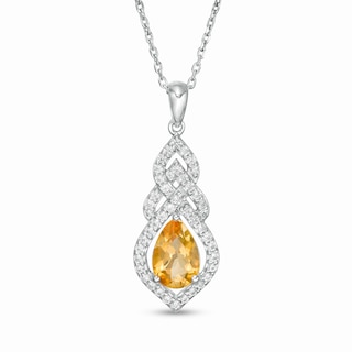 Pear-Shaped Citrine and Lab-Created White Sapphire Interwoven Drop Pendant in Sterling Silver