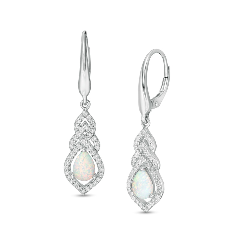 Pear-Shaped Lab-Created Opal and White Sapphire Interwoven Drop Earrings in Sterling Silver