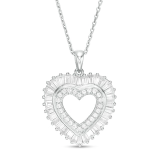 Baguette-Cut and Round Lab-Created White Sapphire Double Heart Pendant in Sterling Silver