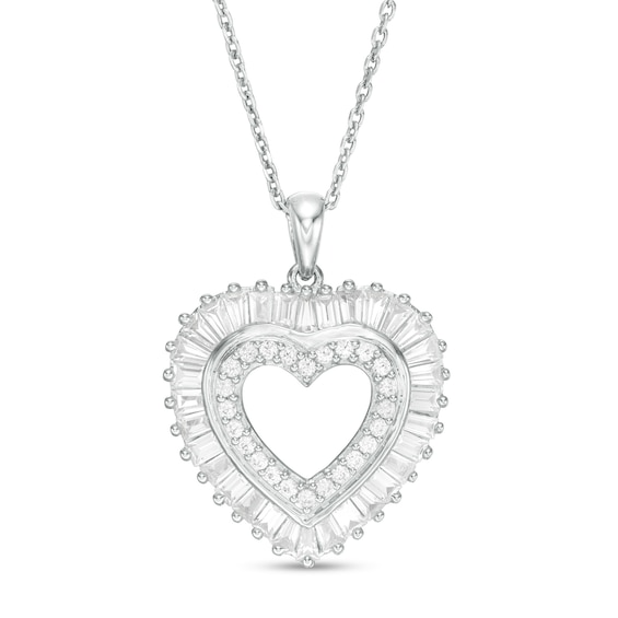 Baguette-Cut and Round Lab-Created White Sapphire Double Heart Pendant in Sterling Silver