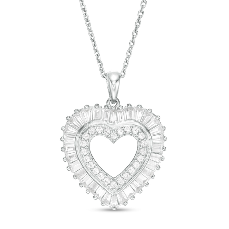 Baguette-Cut and Round Lab-Created White Sapphire Double Heart Pendant in Sterling Silver