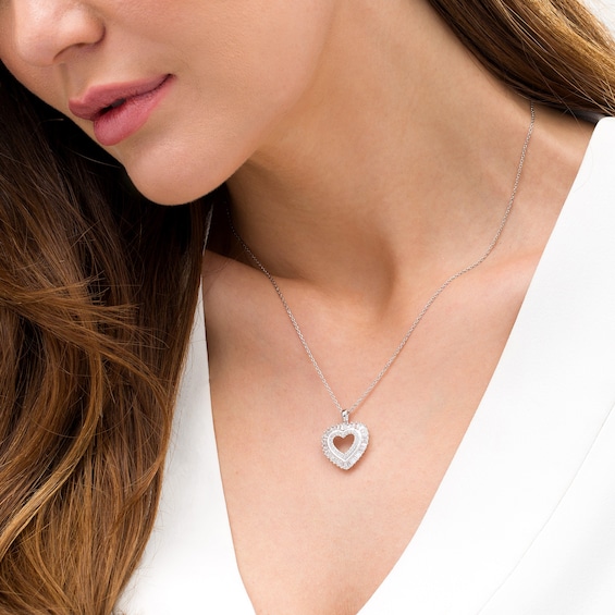 Baguette-Cut and Round Lab-Created White Sapphire Double Heart Pendant in Sterling Silver