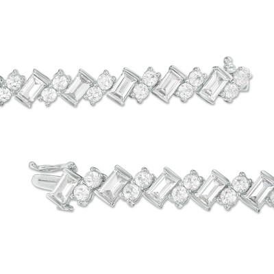 Slanted Baguette-Cut and Round Lab-Created White Sapphire Tennis Bracelet in Sterling Silver - 7.25"