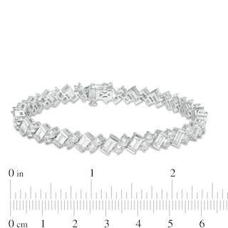 Slanted Baguette-Cut and Round Lab-Created White Sapphire Tennis Bracelet in Sterling Silver - 7.25"