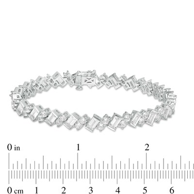 Slanted Baguette-Cut and Round Lab-Created White Sapphire Tennis Bracelet in Sterling Silver - 7.25"