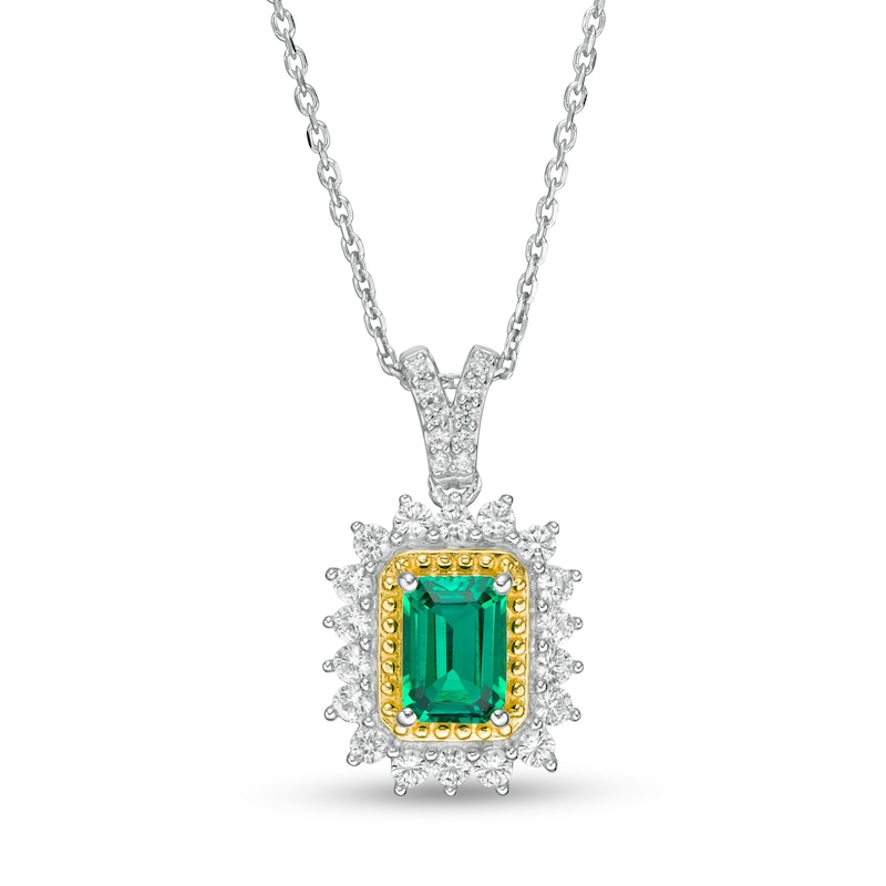 Emerald-Cut Lab-Created Emerald and White Sapphire Sunburst Frame Drop Pendant in Sterling Silver with 14K Gold Plate|Peoples Jewellers
