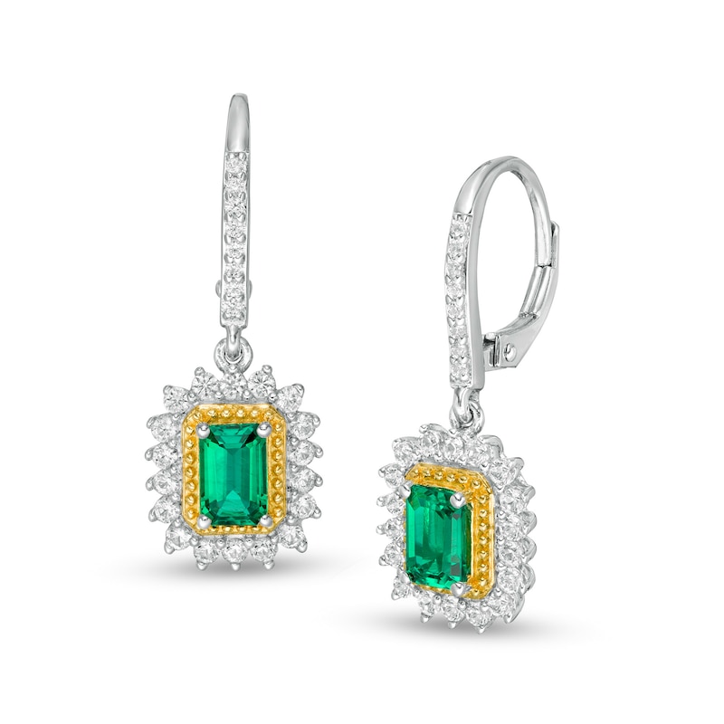 Emerald-Cut Lab-Created Emerald and White Sapphire Sunburst Frame Drop Earrings in Sterling Silver with 14K Gold Plate|Peoples Jewellers