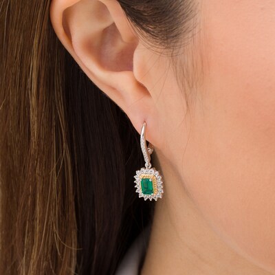 Emerald-Cut Lab-Created Emerald and White Sapphire Sunburst Frame Drop Earrings in Sterling Silver with 14K Gold Plate