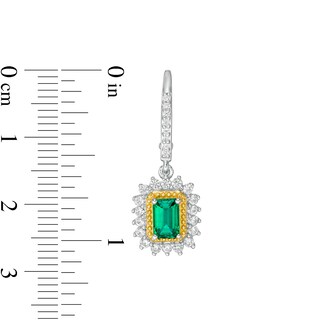 Emerald-Cut Lab-Created Emerald and White Sapphire Sunburst Frame Drop Earrings in Sterling Silver with 14K Gold Plate