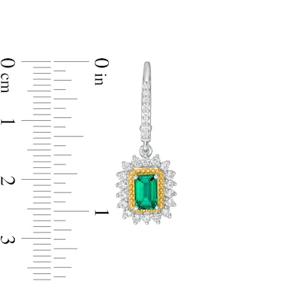 Emerald-Cut Lab-Created Emerald and White Sapphire Sunburst Frame Drop Earrings in Sterling Silver with 14K Gold Plate