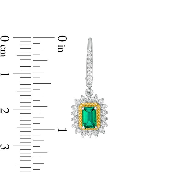 Emerald-Cut Lab-Created Emerald and White Sapphire Sunburst Frame Drop Earrings in Sterling Silver with 14K Gold Plate